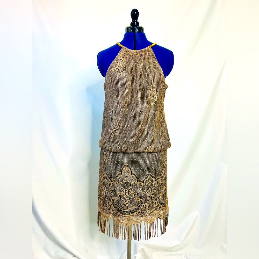Vintage SL Fashions Gold Beaded Fringe Mini Dress